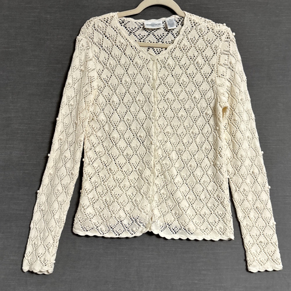 Vintage Nordstrom Sweater S Cream Cotton Ramie Pointelle Bobble Knit Cardigan
